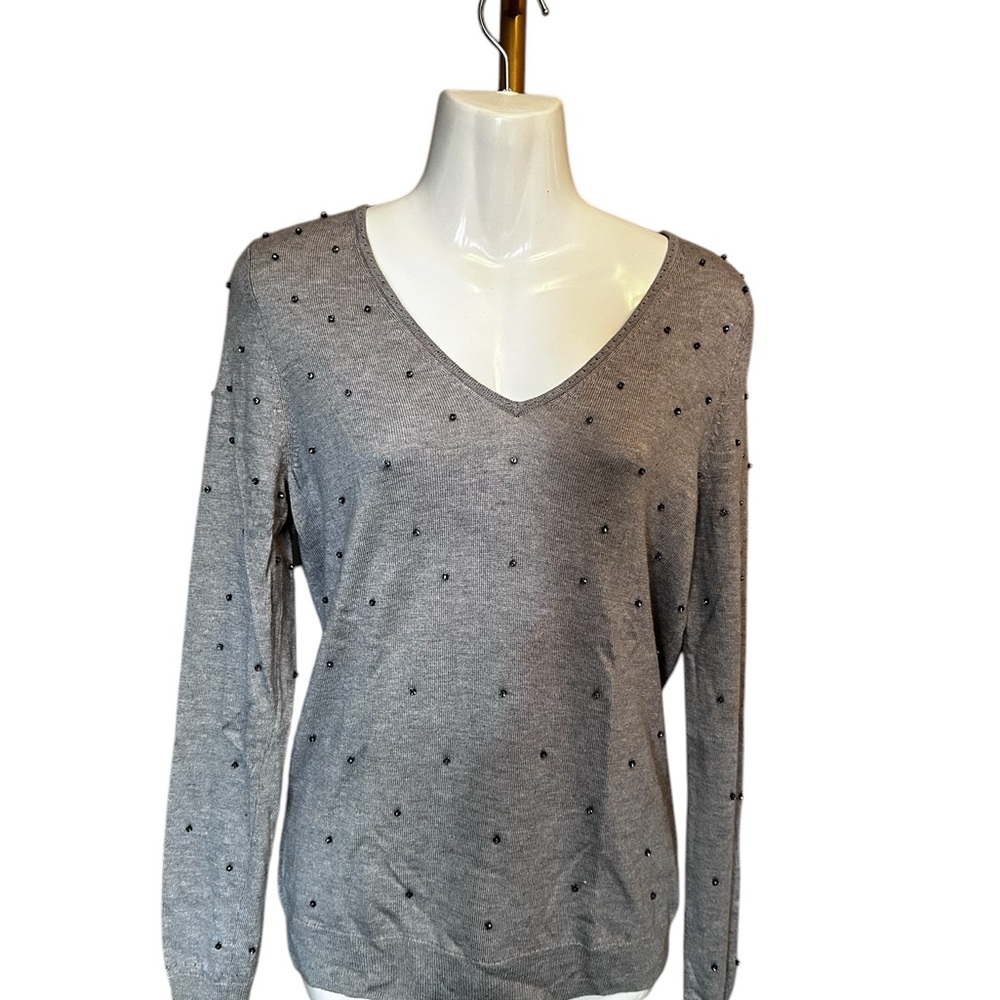 Ann Taylor Gray V-Neck Sweater with gemstone